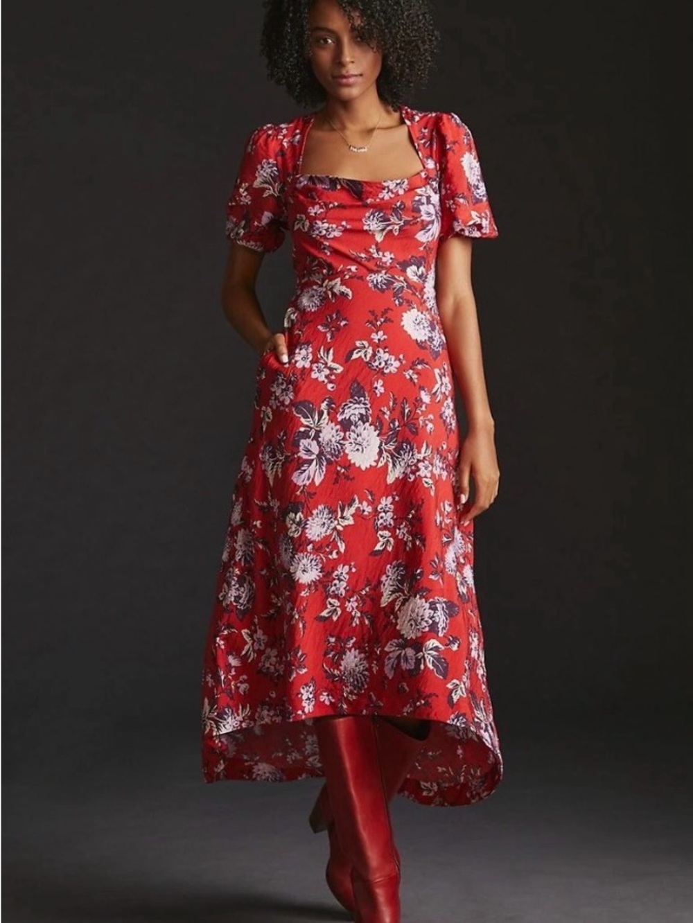 Maeve by Anthropologie Red Floral High-Low Square Neck Dress Size 2